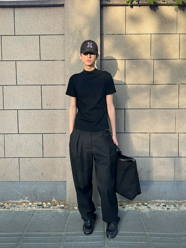 【JMWH】Slight Vogue丨クロスワンピースカラー右肩ポリフォニーニットスリムTシャツは着痩せ効果抜群で万能|undefined