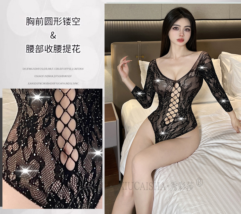 Women’s Fishnet Bodystocking, Black Polyester, Open-Crotch Design, Plus Size — detail image 10