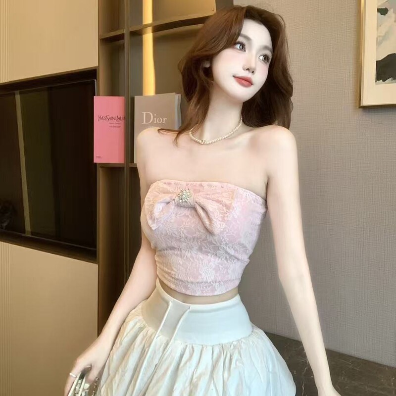 Sexy Hot Girl's Lace Bow Tube Top with Chest Pads, Slim Fit Short Crop Top
