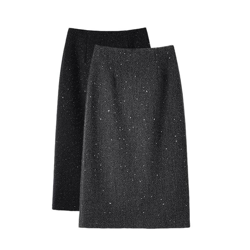 Демисезонная шерстяная длинная отделка ногтей Sequins, юбка средней длины, обтягивающая, яркий запоминающийся стиль