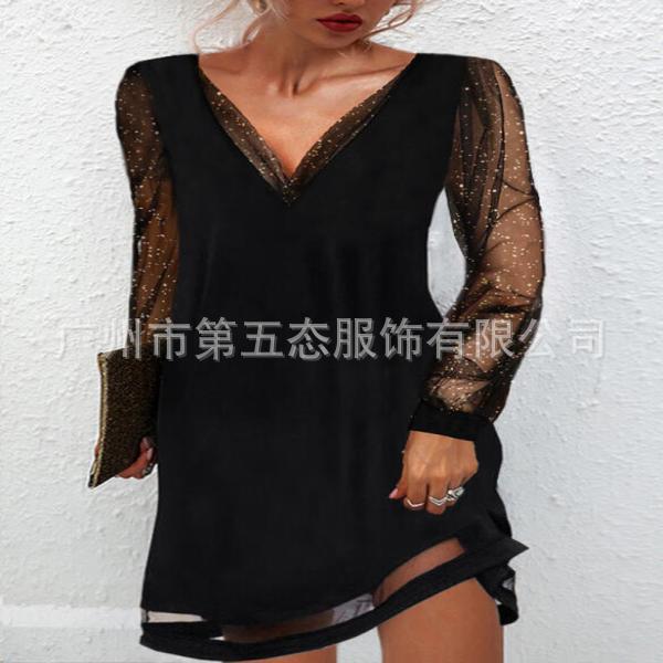 Foreign Trade Spring and Autumn New European and American Women's Dress Sequin Mesh Sleeve V-neck Pullover Top Fashion Stitching Temperament dress