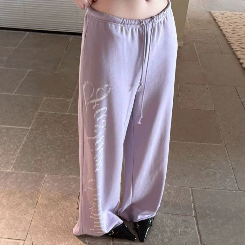 Purple Taro Low-Waist Summer American-Style Casual Pants Retro Drawstring Lettered Long Pants Floor-Length Loose Thin Style Purple Taro Low-Waist Summer American-Style Casual Pants Retro Drawstring Lettered Long Pants Floor-Length Loose Thin Style
