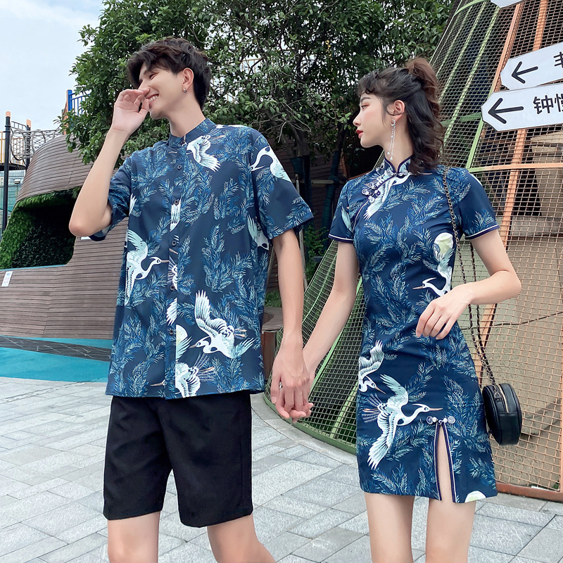 Special Couple Dress Summer Shirt with Vertical Collar Popular Chinese Style Crane Shirt Short-sleeved Cheongsam dress