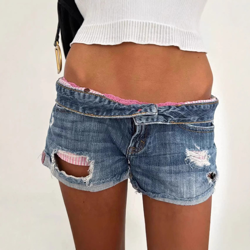 European and American Cross-Border Low-Waist Denim Shorts for Women, Y2K Style, Ripped, Slimming, Versatile, Frayed Edge, Trendy Mini Shorts