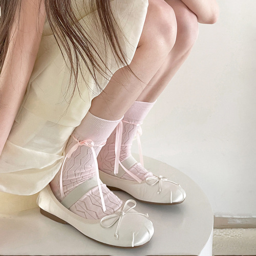 Thin French ribbon bow mid-calf socks pink hollow pile socks summer mesh breathable vertical striped socks for women