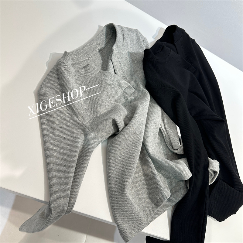 Grey Threaded Skinny V-Neck Long-Sleeved T-Shirt Women's All-Match Stretch Slim-Fit American Casual Short Base Shirt Spring and Autumn
