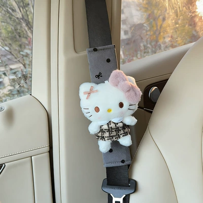 Cute Kt Kitten Car Interior Sürətlər qutusu və əl tormozu başlıqları - coffee-skirt-velvet-cat-black-polka-dot-shoulder-pads