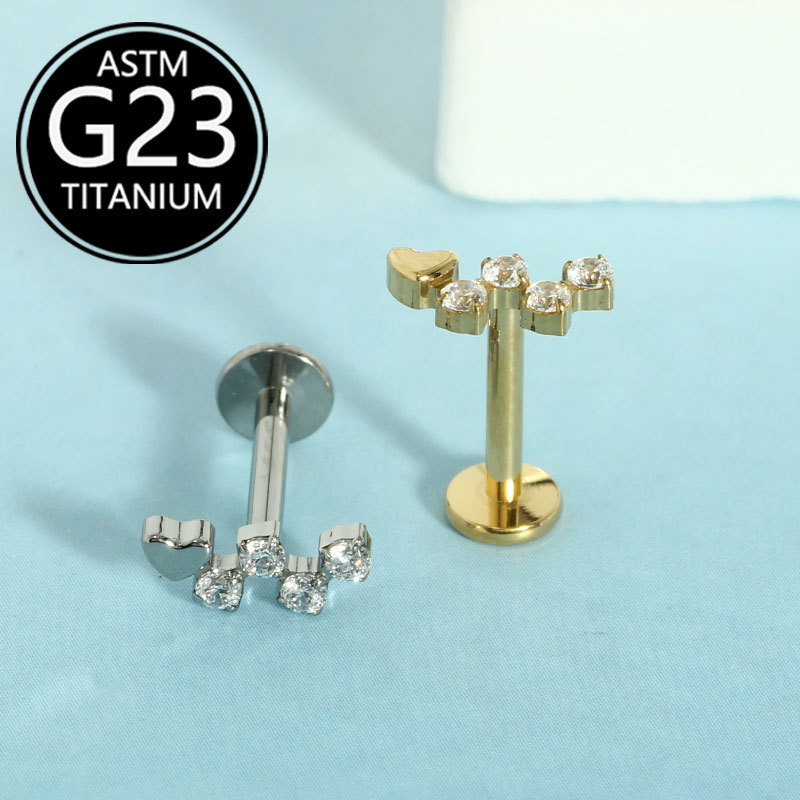 G23 Titanium Lip Nail Heart Diamond Ear Bone Nail Earrings 16g Labret Stud Body Piercing Jewelry Wholesale detail image 5