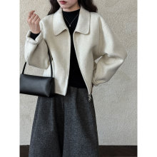 鹿西翻领双面羊毛毛呢外套女2025秋冬新款短款高级感拉链大衣5201