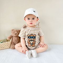 ins嬰幼兒連體衣2024夏季寶寶哈衣新生兒短袖條紋爬服可愛外出服