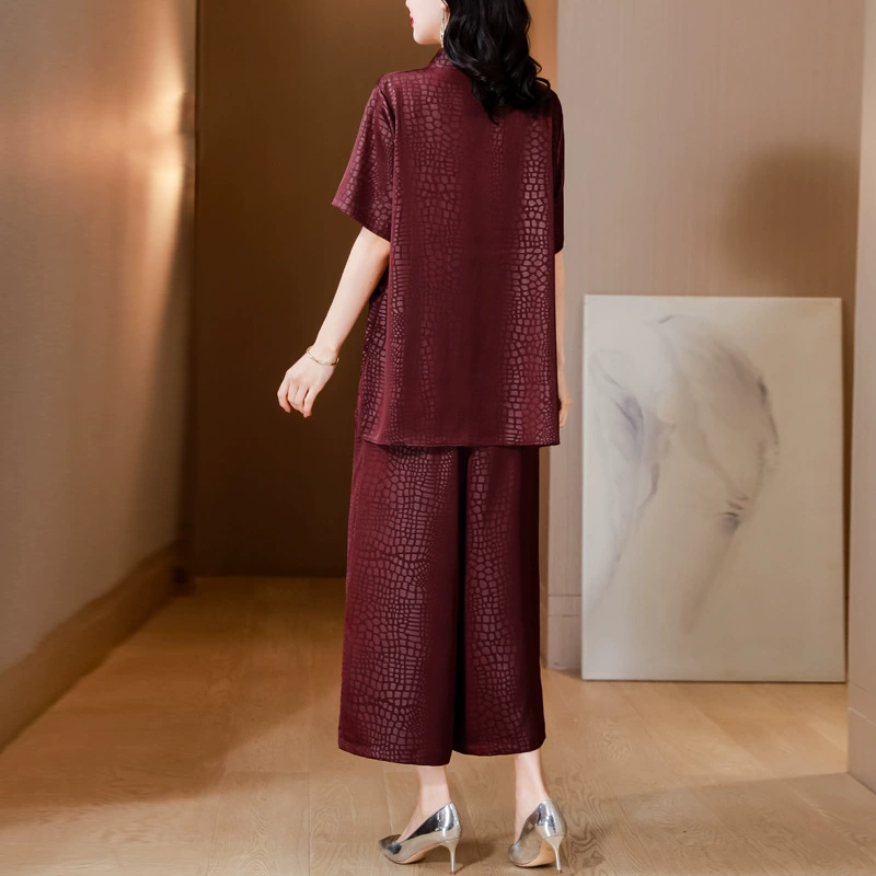 Silk set, plus size, with short sleeve, loose fit