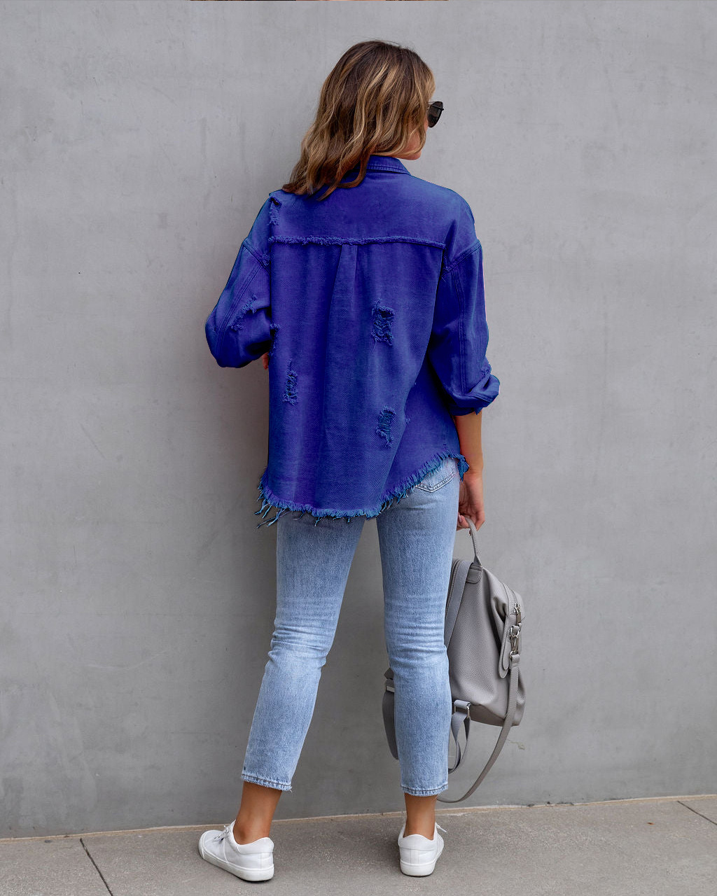 Giacca di jeans donna con volant strappata bavero manica lunga_voghion.com