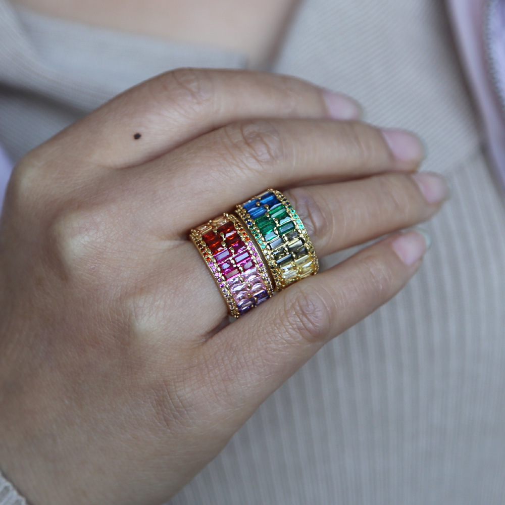 Inlay Design Shiny Colorful Copper Inlay Zircon Rings