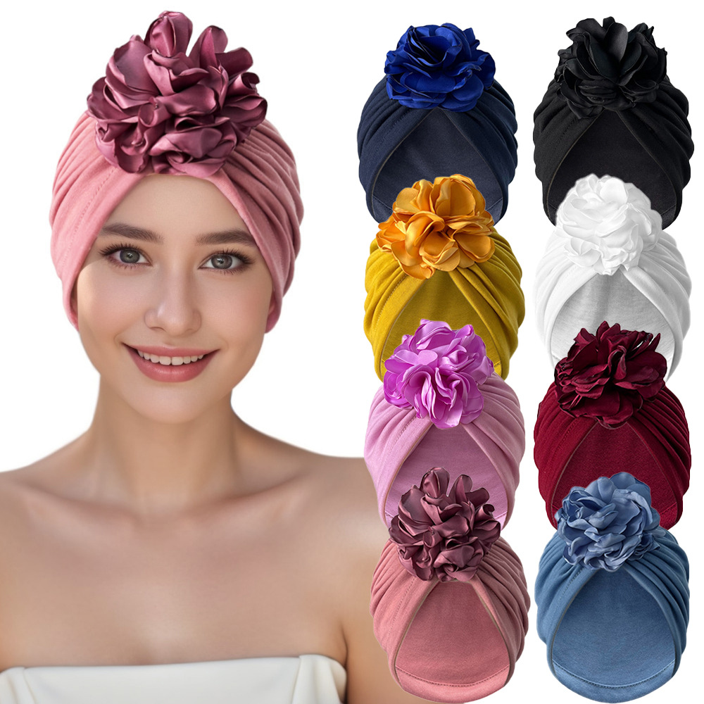 Cappello musulmano Fiore bandana moda copricapo decorazione colore solido cappello elastico cappello chignon donne tutti abbinati_voghion.com