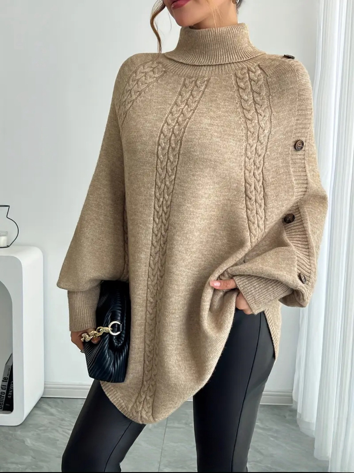 ​​High Neck Batwing Sweater With Button Accents – Chunky Knit Pullover For Women (Beige/Gray/Black, S-XL)​​_voghion.com
