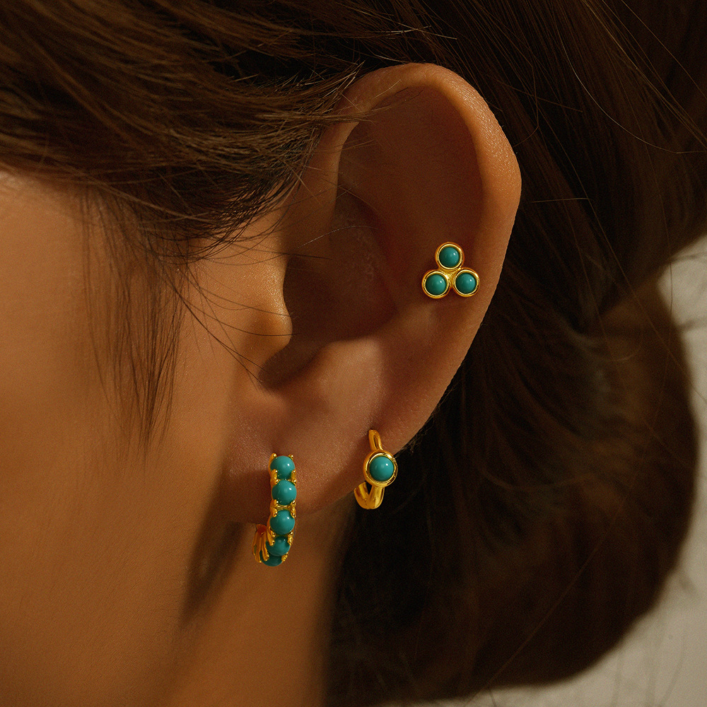 3 Pieces Set Simple Style Geometric Plating Inlay Sterling Silver Turquoise Zircon Earrings display picture 9