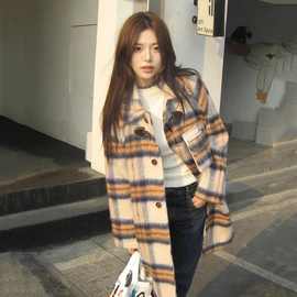 感格子毛呢外套女秋冬新款牛角扣韩版气质小众中长款呢子大衣
