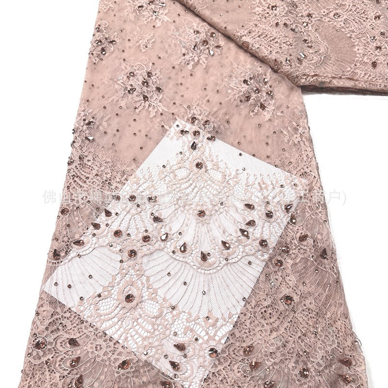 Tejido de encaje retro francés bordado rosa claro tela de malla de perlas de clavos vestido de boda
