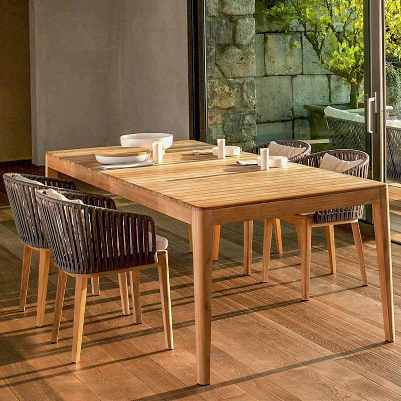 Mesa y sillas de comedor de teca para ocio al aire libre, sillas de ratán de diseño para balcón, muebles nórdicos para jardín y patio al aire libre. image 2