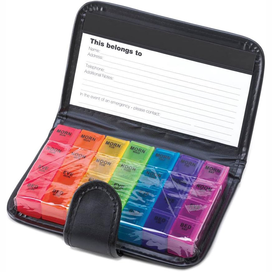 1688行家选工厂直销首单优惠便携式带PU皮套彩虹色药盒药品胶囊随