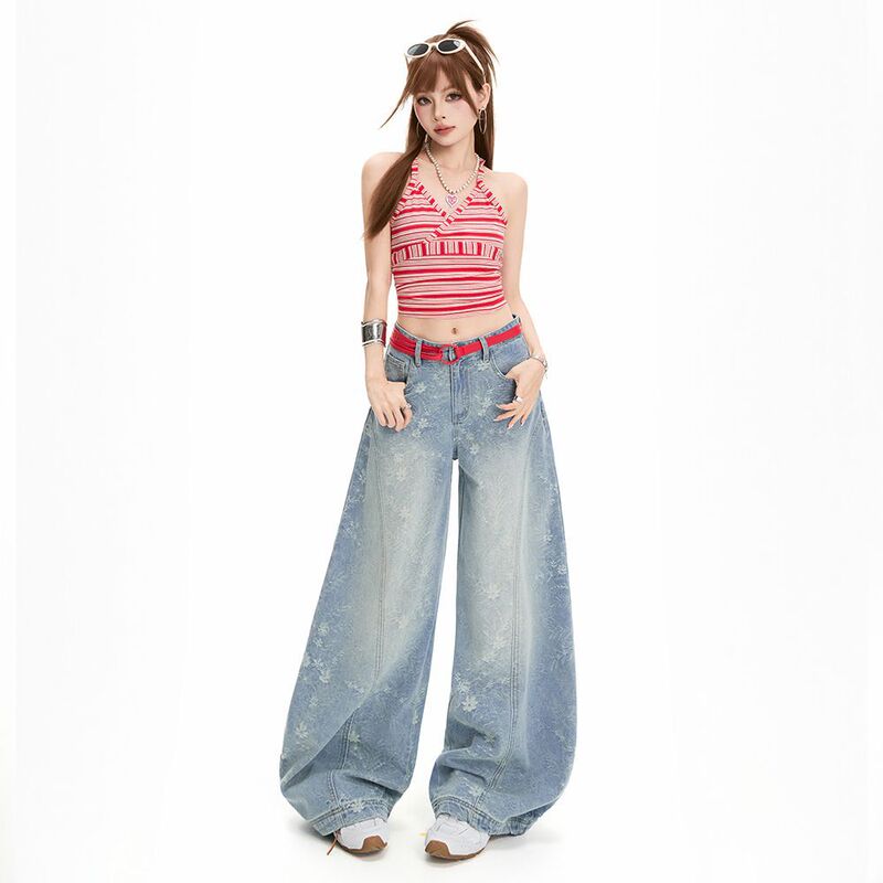 2026 Spring/Summer New Design Retro Jacquard Curved Wide-Leg Jeans for Women High-Waisted Slimming Versatile Straight-Leg Pants 2026 Spring/Summer New Design Retro Jacquard Curved Wide-Leg Jeans for Women High-Waisted Slimming Versatile Straight-Leg Pants