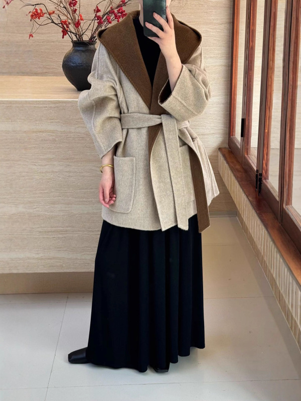 韩版双面穿拼色双面羊毛大衣女短款秋冬连帽系带宽松斗篷AB面外套|undefined