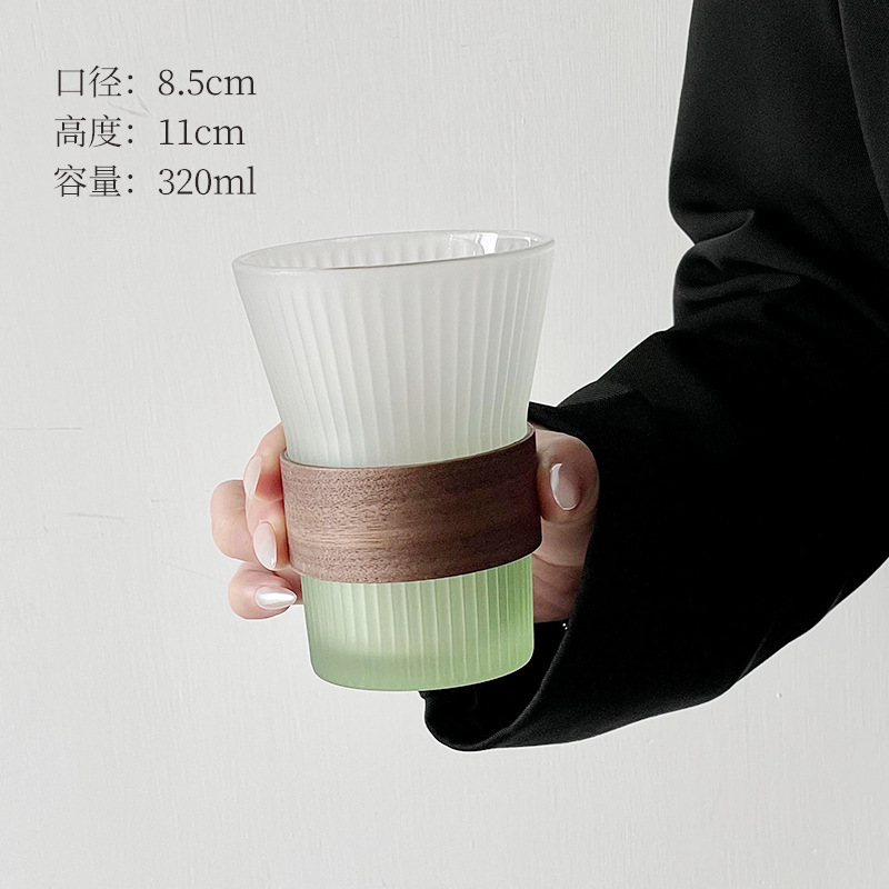 大衆グラデーション色縦紋グラス家庭用パーマ防止木カバーカップ高級感コーヒーカップ冷たいカップ|undefined