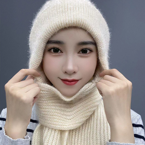 Winter integrated scarf one-piece hat for women, lined and thick, connected snowproof hat, autumn and winter handmade knitted wool hat for middle-aged and elderly women