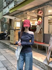 早秋季韩系撞色条纹一字肩修身露肩长袖打底T恤内搭斜肩上衣女装