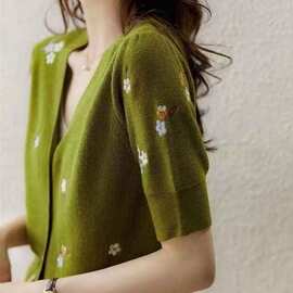 2025春季新款小香风V领女装绿色短袖冰丝针织开衫短款上衣中袖t恤