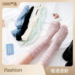 夏季薄款中筒襪子女日系lolita蕾絲透氣jk網紗襪花朵透氣堆堆長襪