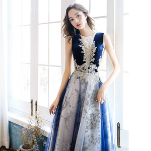 Blue sequins lace evening Party dress temperament women dignified and elegant atmosphere long host the annual meeting of the dress