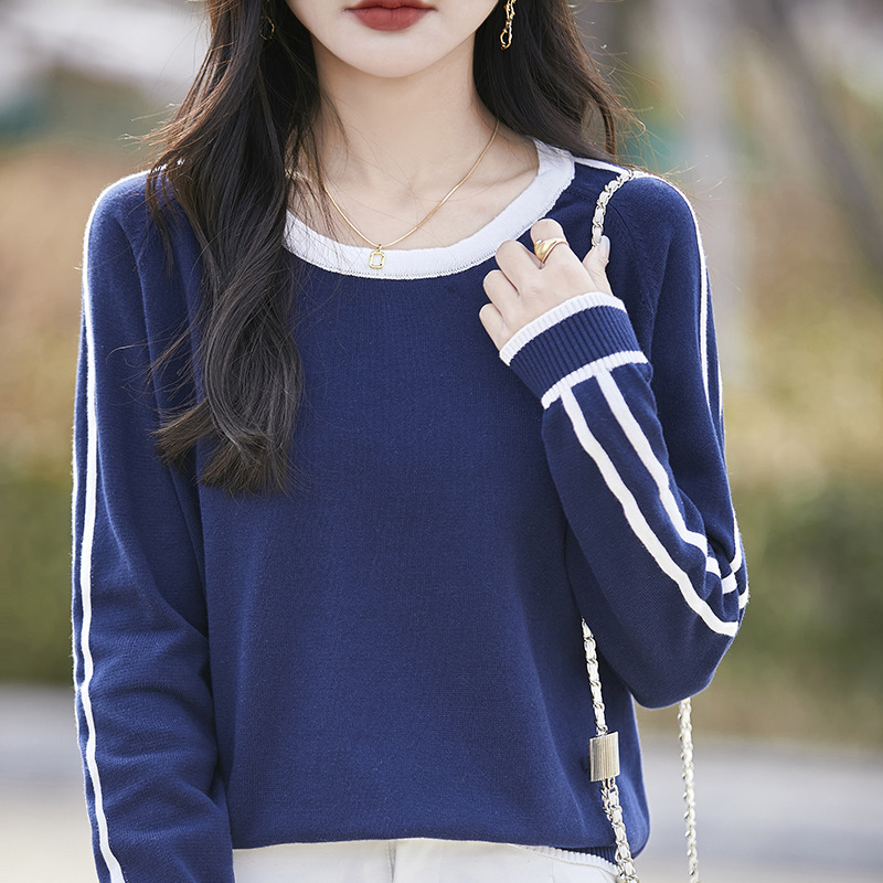 Thin autumn new round-neck color-blocked knit sweater for women, made of pure cotton, loose-fitting, slimming, long-sleeved top, versatile base shirt Thin autumn new round-neck color-blocked knit sweater for women, made of pure cotton, loose-fitting, slimming, long-sleeved top, versatile base shirt