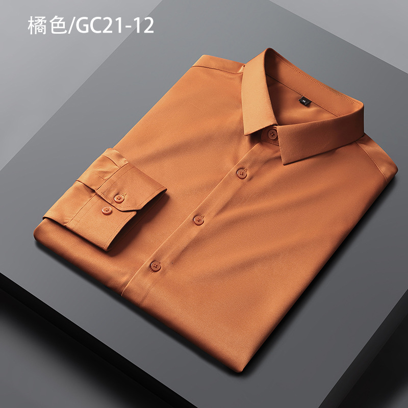 Nueva camisa de seda homenaje camisa de manga larga para hombre camisa elástica antiarrugas de negocios casual sin bolsillo camisa juvenil para hombre