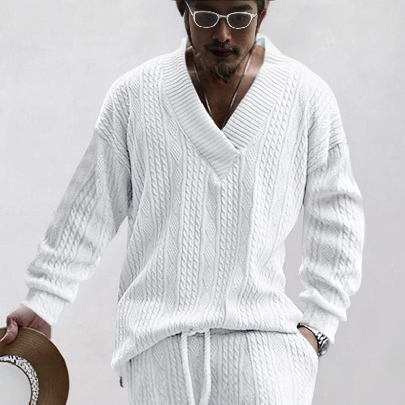 2025 Amazon primavera y otoño nuevo suéter de punto jacquard holgado de color puro casual con cuello en V y manga larga para hombres europeos y americanos.