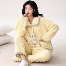 新中式中国风冬季珊瑚绒睡衣女加厚加绒套装法兰绒保暖唐装家居服
