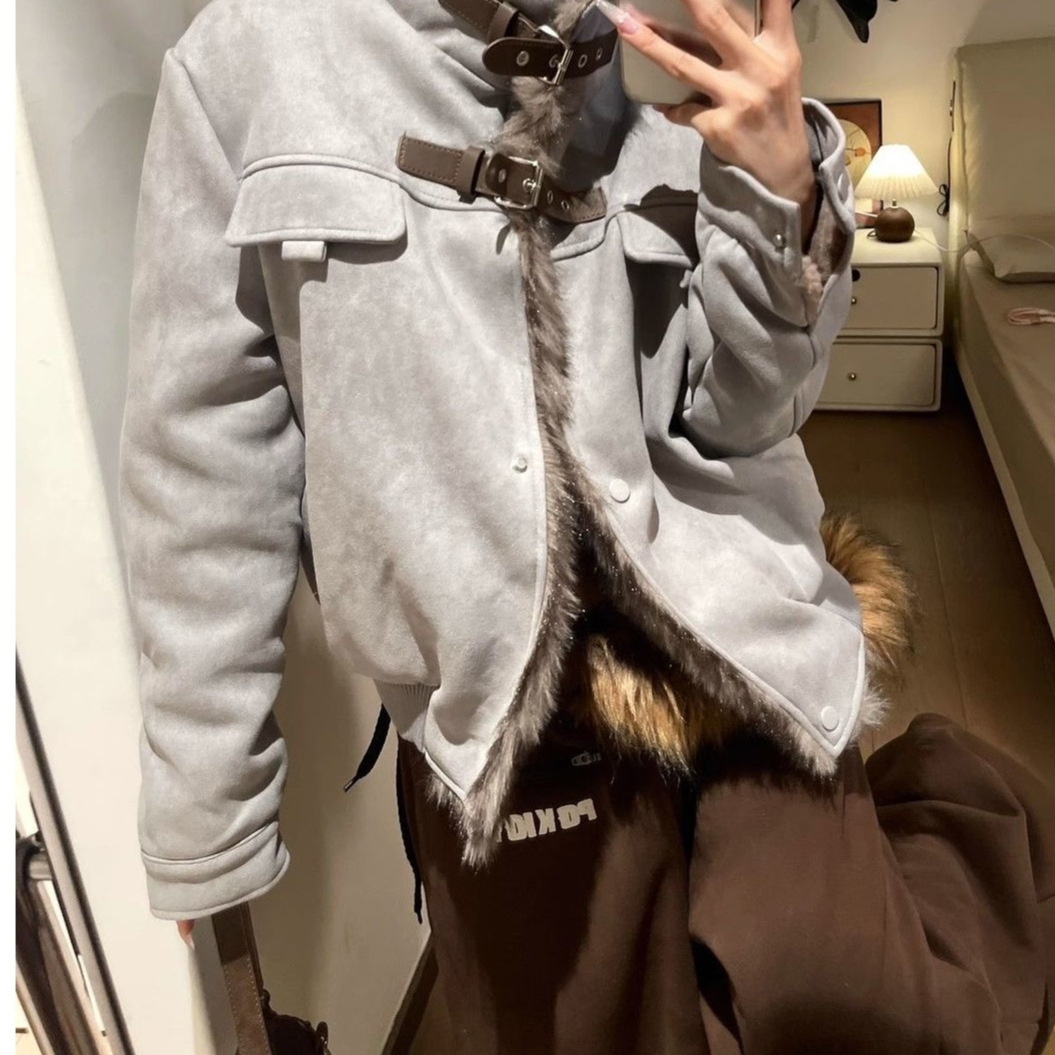 美式毛毛拼接立领加绒甜酷宽松休闲加厚叠穿秋冬款短外套情侣夹克