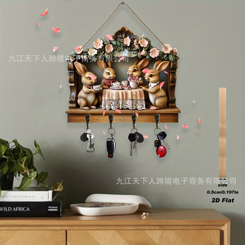 Acrílico 2D plano de madera primavera de Pascua conejo llave gancho decoración de pared retro nostálgica