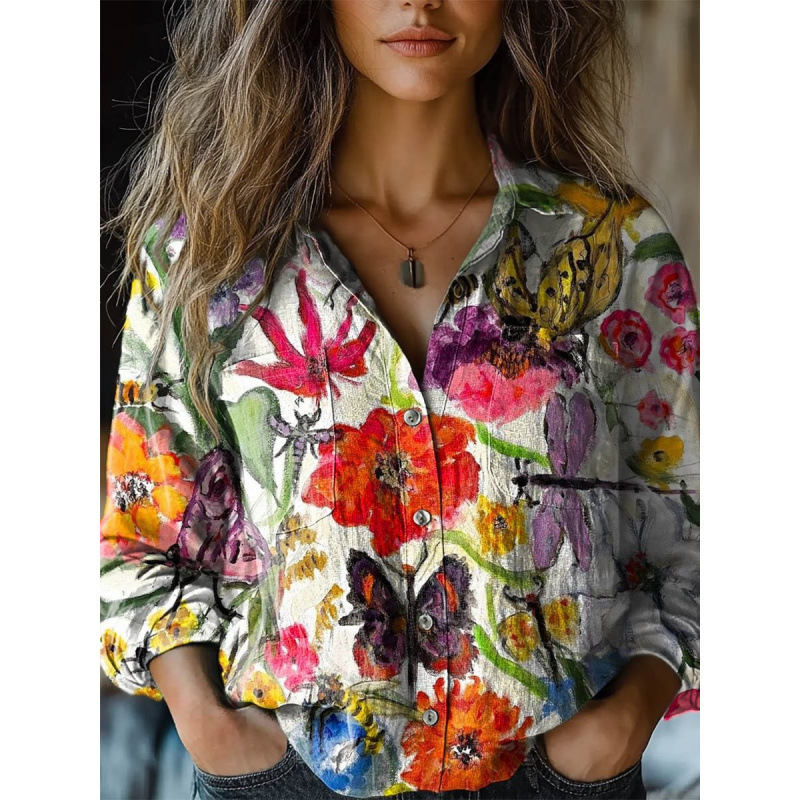 Amazon Independent Station Cross-Border New 3D Digital Printing Women's Fashion Large Size Lapel Long-Sleeved Shirt Top