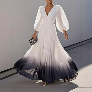 2025 Cross-Border Vacation Style V Neck Bell Sleeve Pleated Gradient Printed Dress European and American Export V Neck Dress Long Skirt