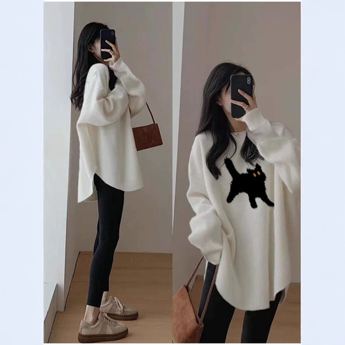 Women's White Long-Sleeve T-Shirt for Spring and Autumn/Winter, Fleece Lined, Thick, Loose Fit, Mid-Length, Bottom Covering, Layering Top, Base Shirt