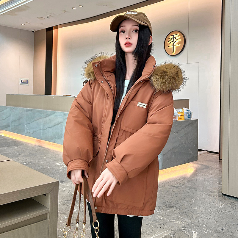 2025 nueva ropa de trabajo de algodón de invierno caliente chaqueta de algodón con capuzas a prueba de viento gran cuello de cabello suelto y grueso chaqueta de moda
