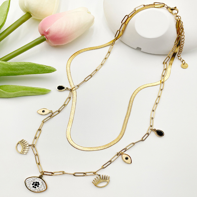 Fashion Devilu0027S Eye Stainless Steel Titanium Steel Plating Hollow Out Inlay Zircon Layered Neckl