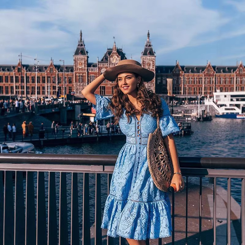 2020 Summer new European and American foreign trade Women's Amazon V-neck short sleeve hollow single-breasted lace dress New