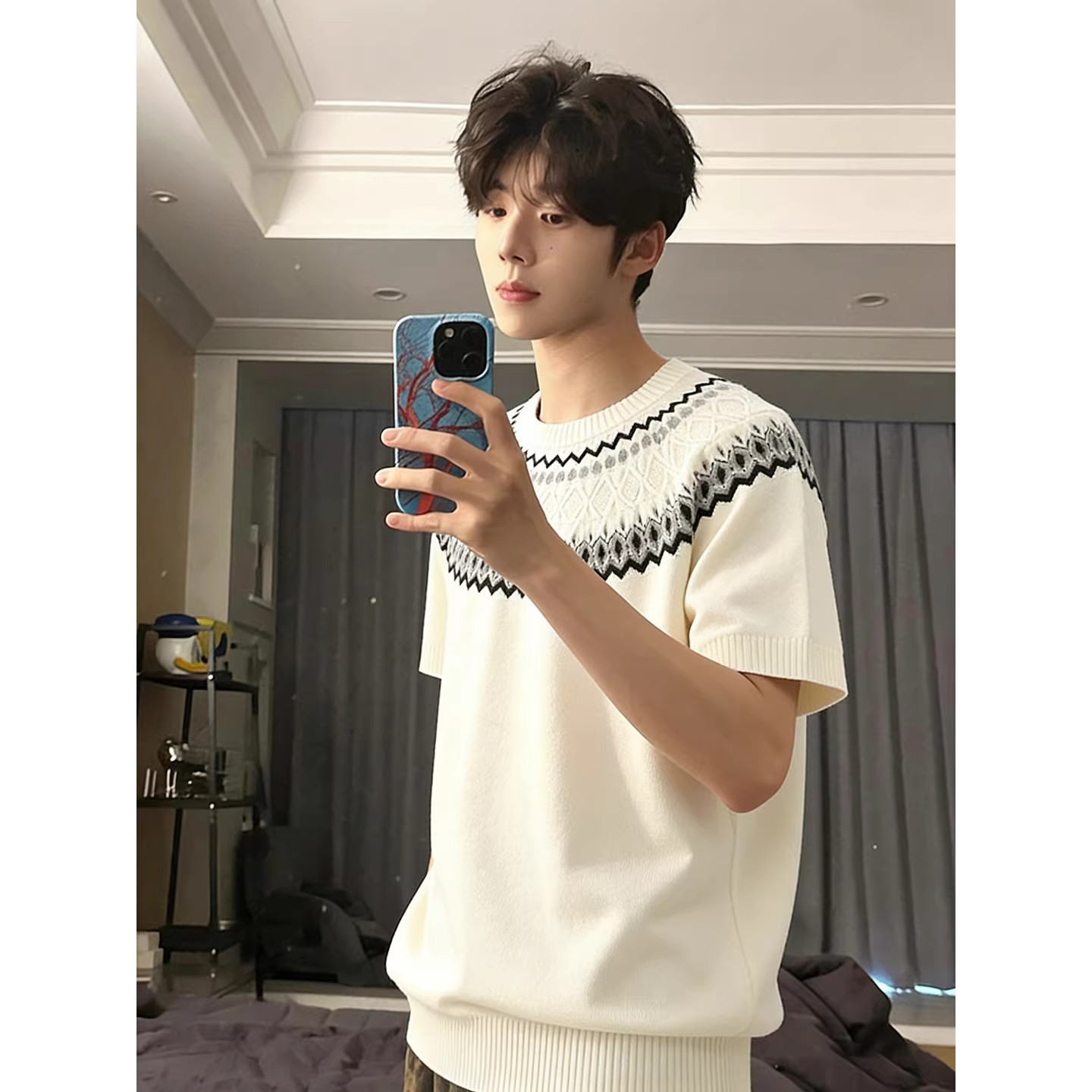 Isla de Fair camiseta de punto de manga corta camiseta de cuello redondo jacquard hombre viejo estilo casual hielo de verano fábrica transfronteriza mayorista