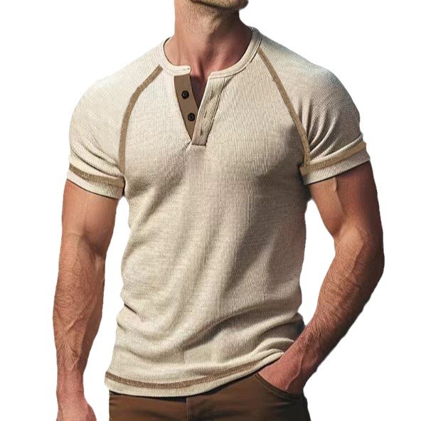V-Neck Buckle Men's Summer Solid Color Waffle Casual Sports Short Sleeved Henry T-Shirt_voghion.com