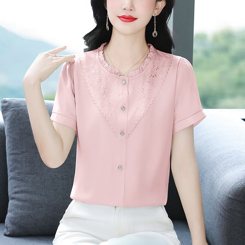 2025 New Summer Women's French Chiffon Lace Collar Three-Dimensional Rose Shirt Solid Color Chiffon Shirt Wholesale