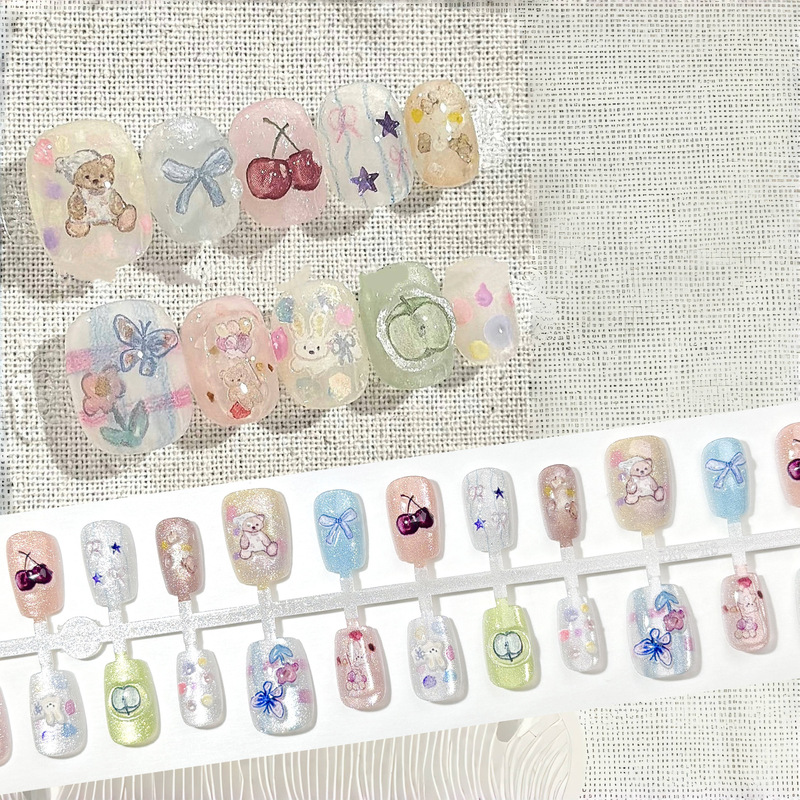 Spring Oil Painting Bear Wear Armor Three-dimensional Bow Flower Flower Fruit Glitter Cat's Eye Dopamine Color Nail Art