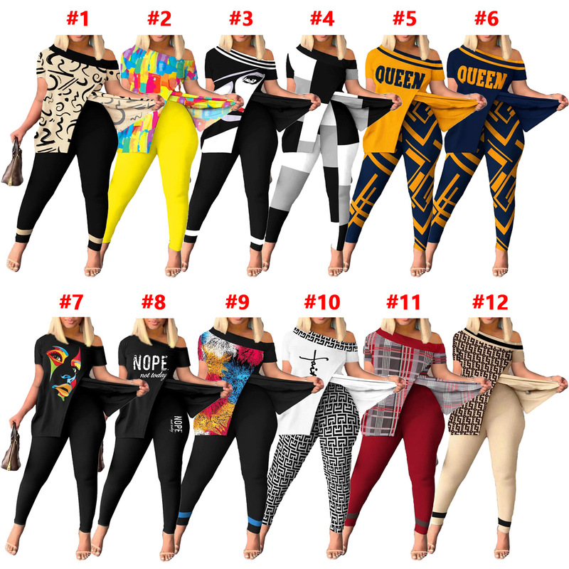 D9619 Amazon European and American Hot-Selling Women's Clothing Casual Fashion Pattern Printed Hem Slit Short-Sleeved Pants Suit