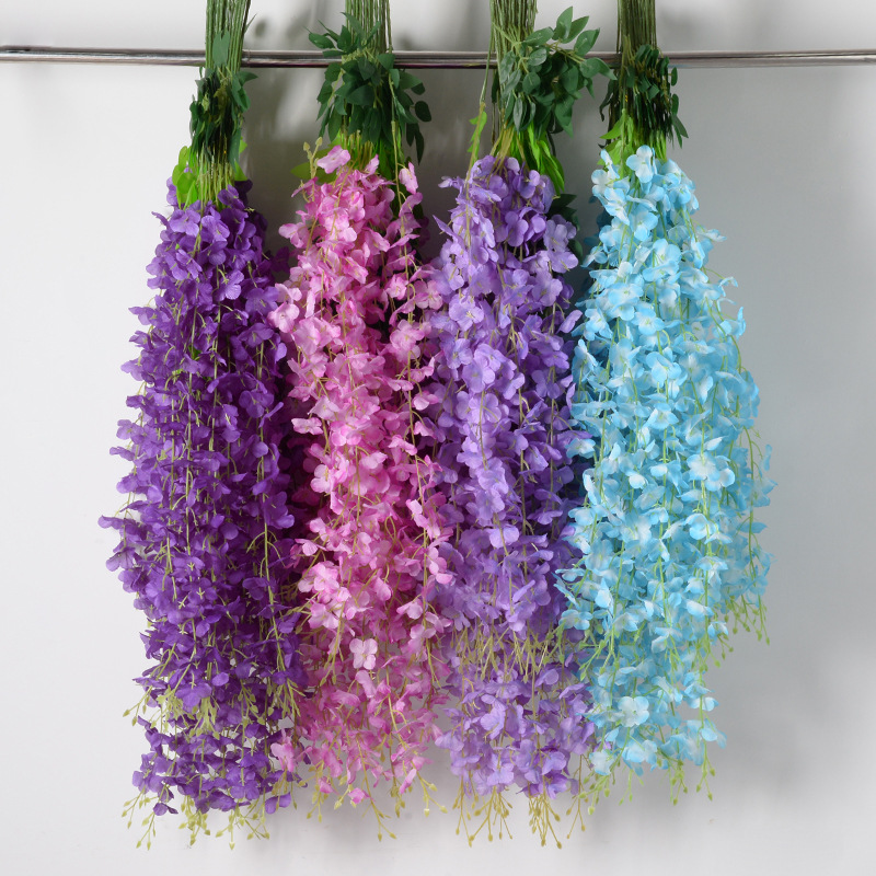 Flores de simulación 6 hojas de cifrado wisteria petal de feijano flor de arco de boda decoración de flores falsas de caña violeta